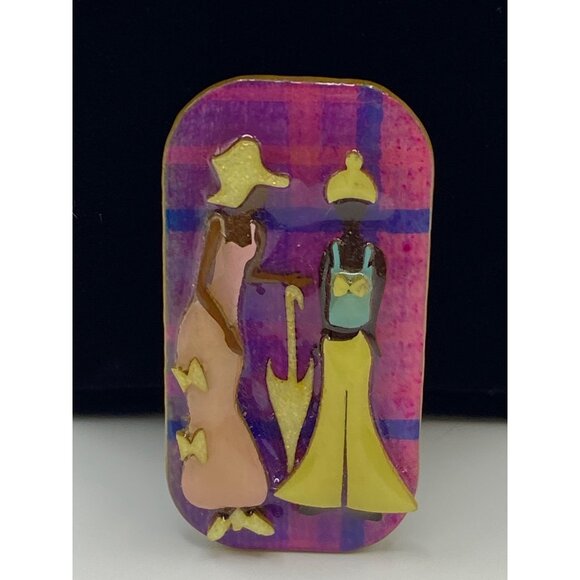 Handmade Lucinda Woman Pins Brooch With Two Women & Umbrella Design Multi-Color - Picture 1 of 7